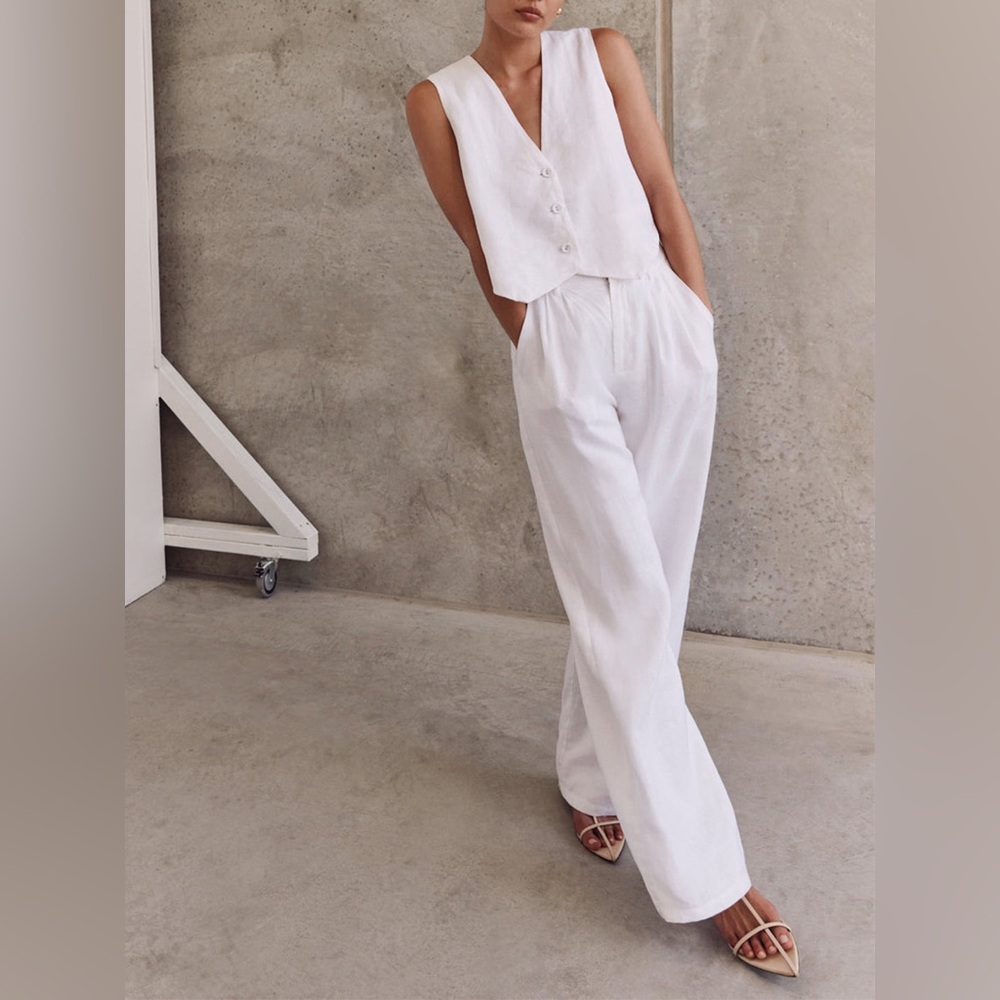 Commense White High-Waist Wide-Leg Linen Pants